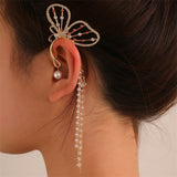 Clear Cubic Zirconia & Pearl 18k Gold-Plated Butterfly Tassel Ear Cuff