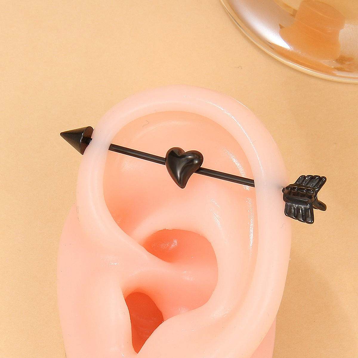 Black Heart and Arrow Ear Cuff, stud earrings for women, everyday style, front view