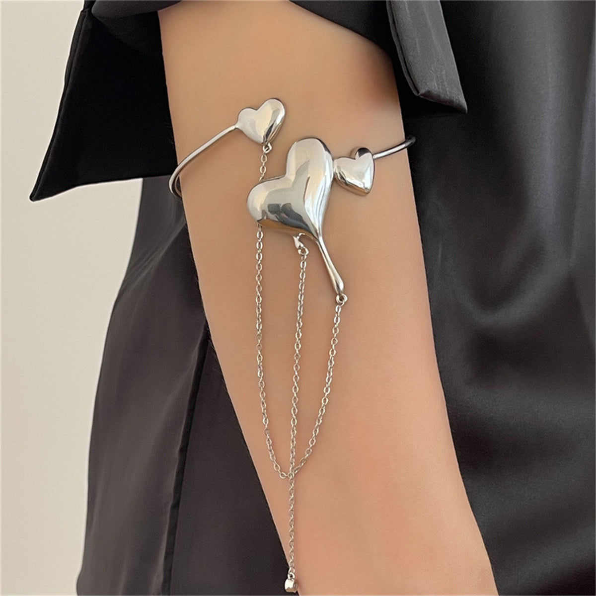 Clear Cubic Zirconia and Silver-Plated Hearts Arm Cuff, botanical inspired, front view