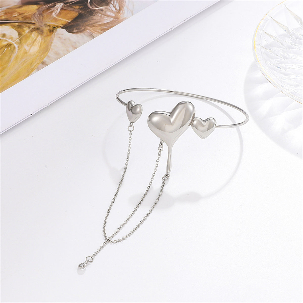 Clear Cubic Zirconia and Silver-Plated Hearts Arm Cuff, botanical inspired, styled look