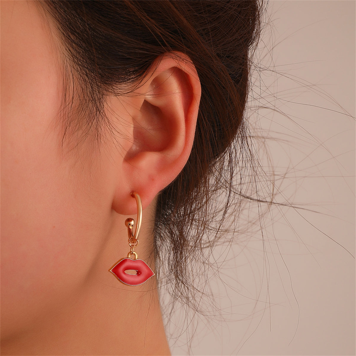 Red Enamel & 18K Gold-Plated Lips Huggie Earrings