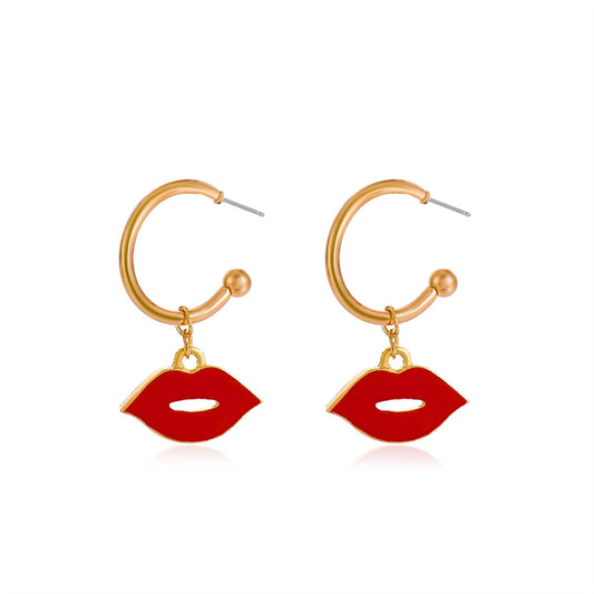 Red Enamel and 18K Gold-Plated Lips Huggie Earrings, gold huggie earrings, vintage-inspired design, front view