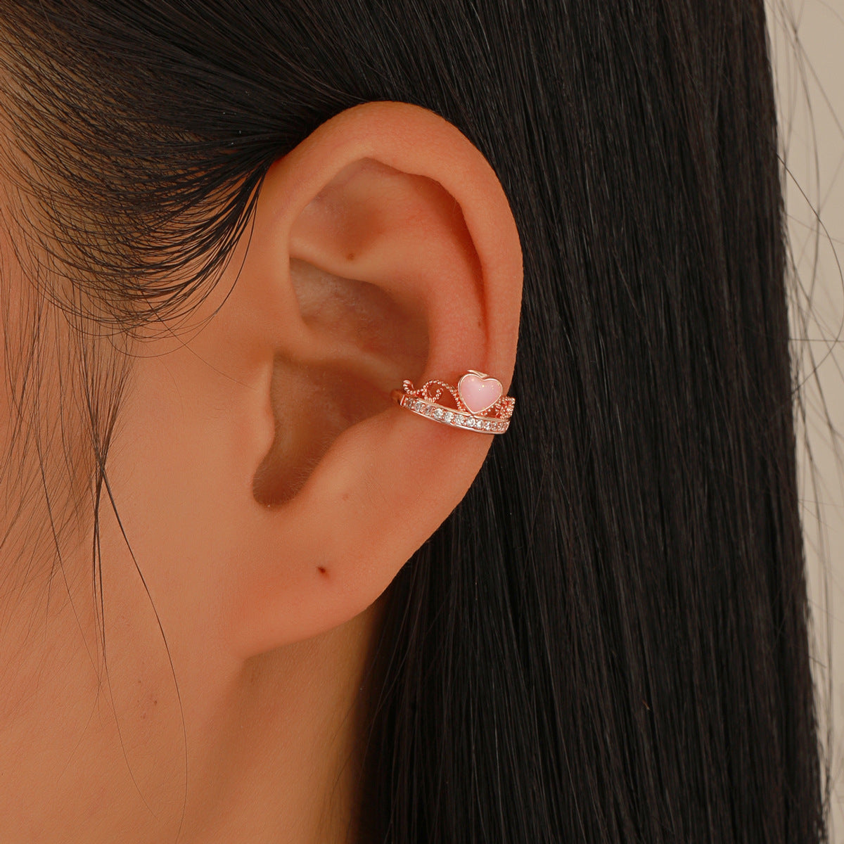 Pink Enamel & Cubic Zirconia Heart Ear Cuffs