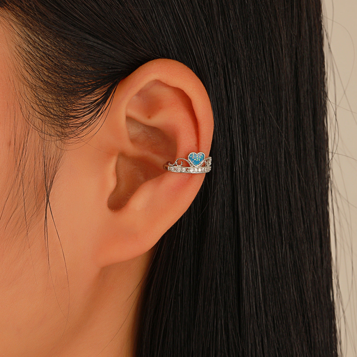 Blue & Cubic Zirconia Heart Ear Cuff