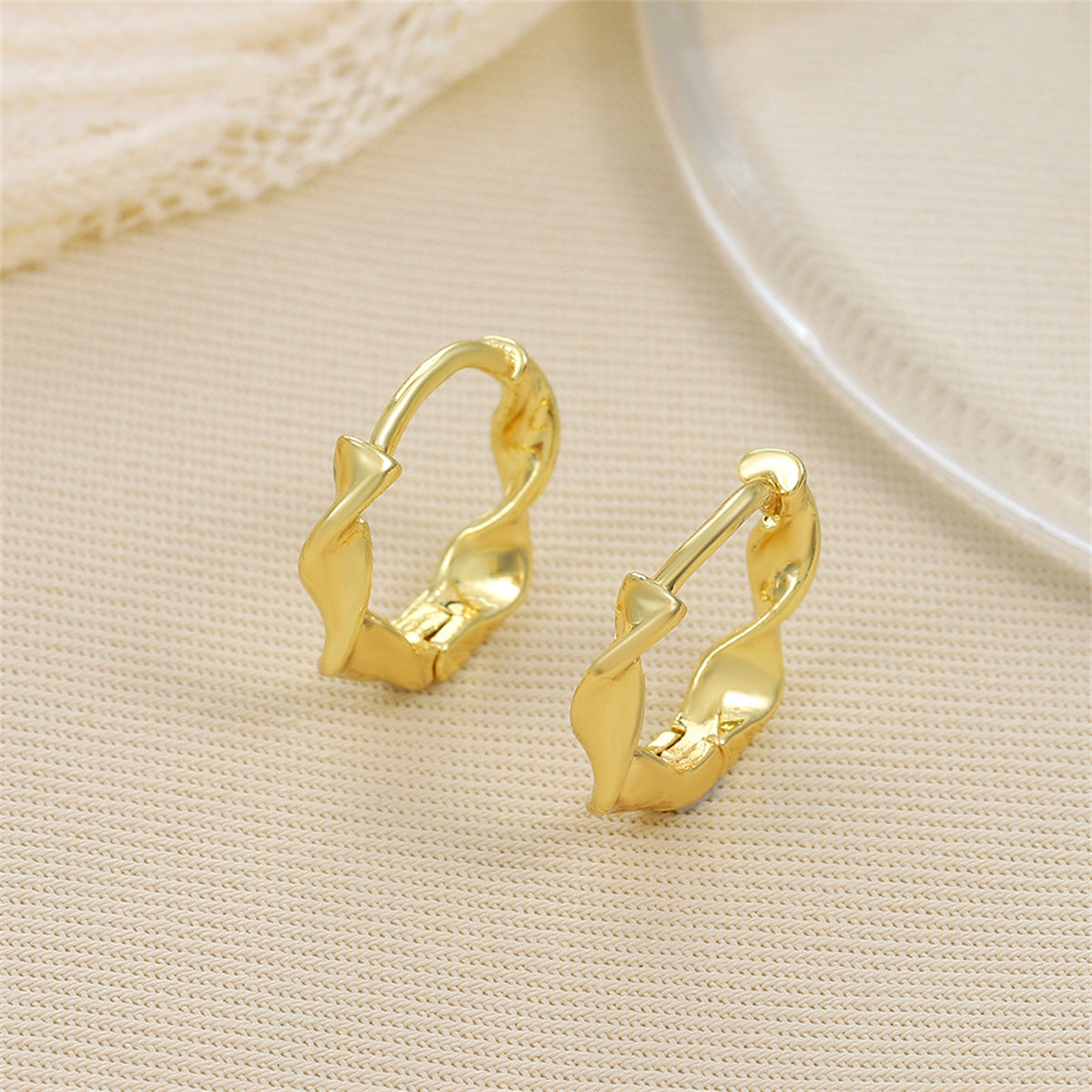 18K Gold-Plated Twine Huggie Earrings, gold huggie earrings, elegant gift for her, front view