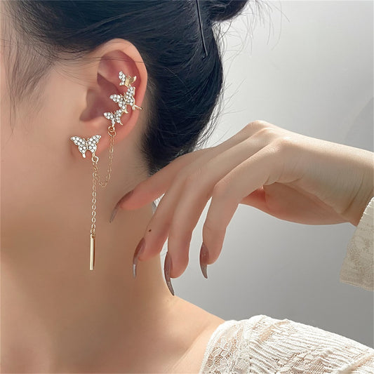 Cubic Zirconia and 18K Gold-Plated Butterfly Ear Cuff and Stud Set, gold stud earrings for women, front view