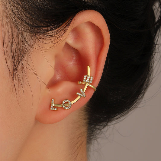 Cubic Zirconia and 18K Gold-Plated 'Love' Ear Climber, gold stud earrings for women, dainty minimalist design, front view