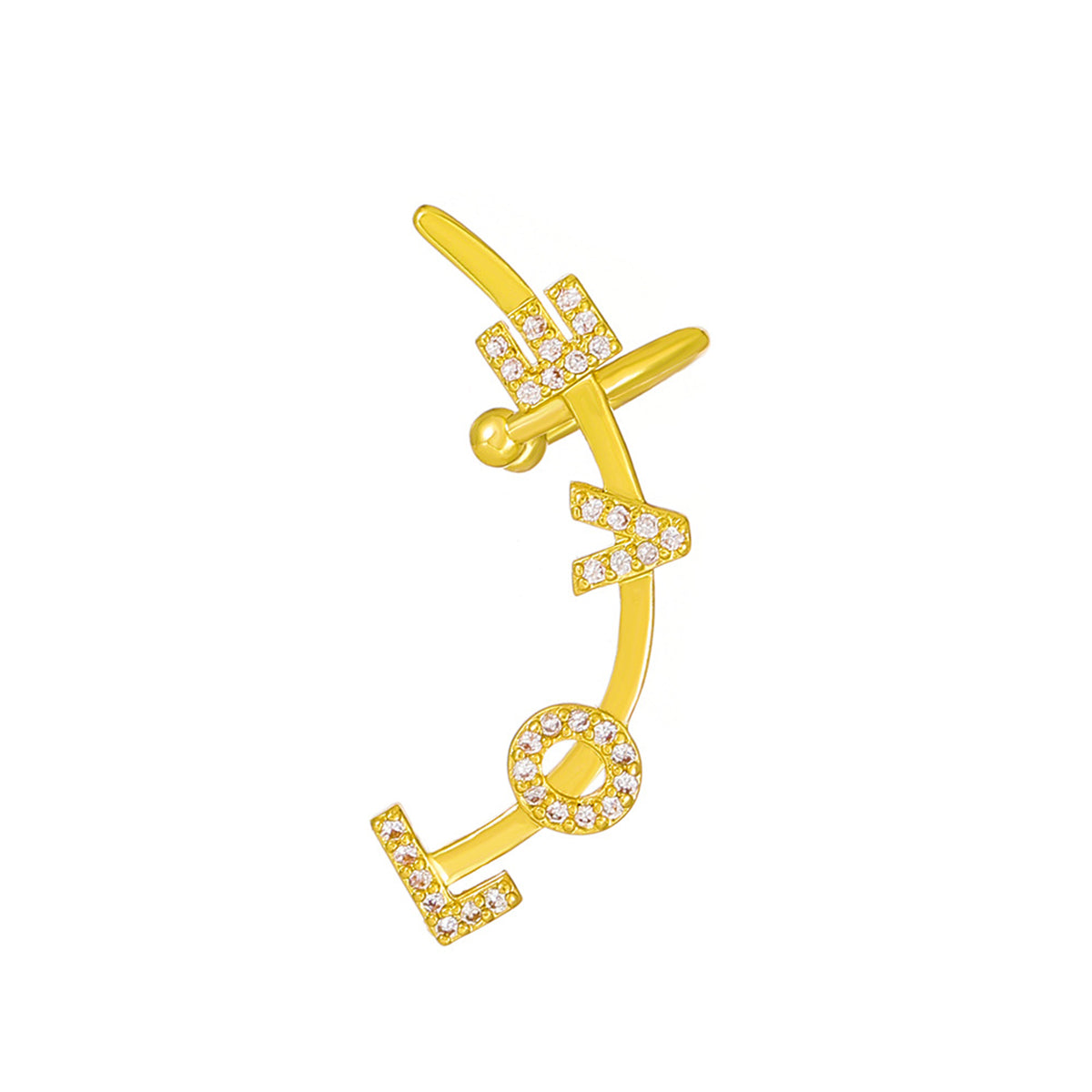 Cubic Zirconia and 18K Gold-Plated 'Love' Ear Climber, gold stud earrings for women, dainty minimalist design, side view