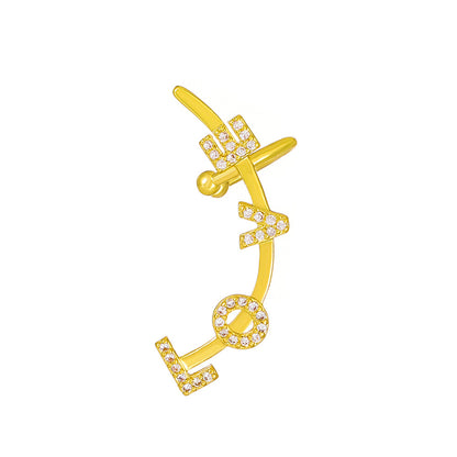 Cubic Zirconia and 18K Gold-Plated 'Love' Ear Climber, gold stud earrings for women, dainty minimalist design, side view