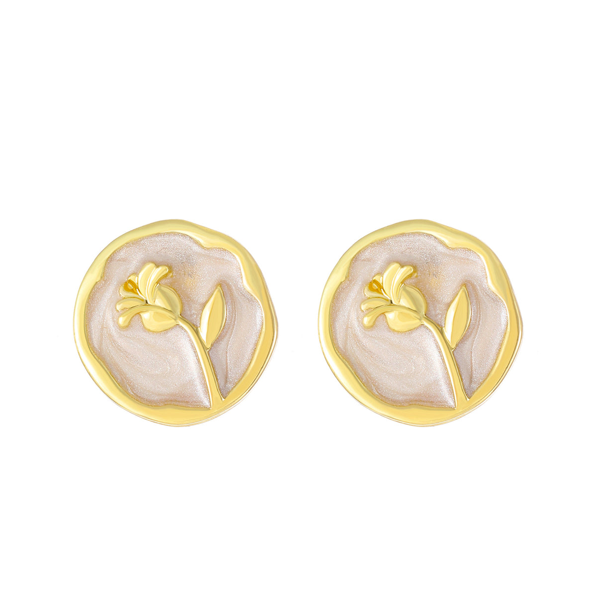 White Enamel & 18K Gold-Plated Rose Round Stud Earrings