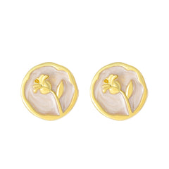 White Enamel & 18K Gold-Plated Rose Round Stud Earrings