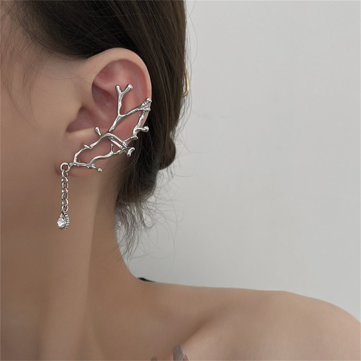 Clear Crystal and Silver-Plated Branch Drop Ear Cuff - Set Of Two, silver drop earrings for women, everyday style, front view