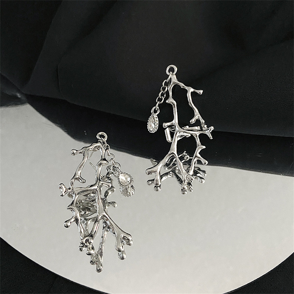 Clear Crystal and Silver-Plated Branch Drop Ear Cuff - Set Of Two, silver drop earrings for women, detail close-up