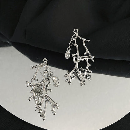 Clear Crystal and Silver-Plated Branch Drop Ear Cuff - Set Of Two, silver drop earrings for women, detail close-up