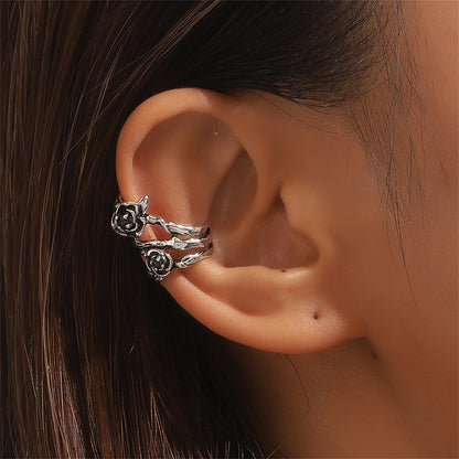 Black and Silver-Plated Rose Layered Ear Cuff, silver stud earrings for women, botanical inspired, front view
