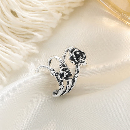 Black and Silver-Plated Rose Layered Ear Cuff, silver stud earrings for women, botanical inspired, styled look