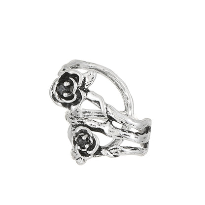 Black and Silver-Plated Rose Layered Ear Cuff, silver stud earrings for women, botanical inspired, side view