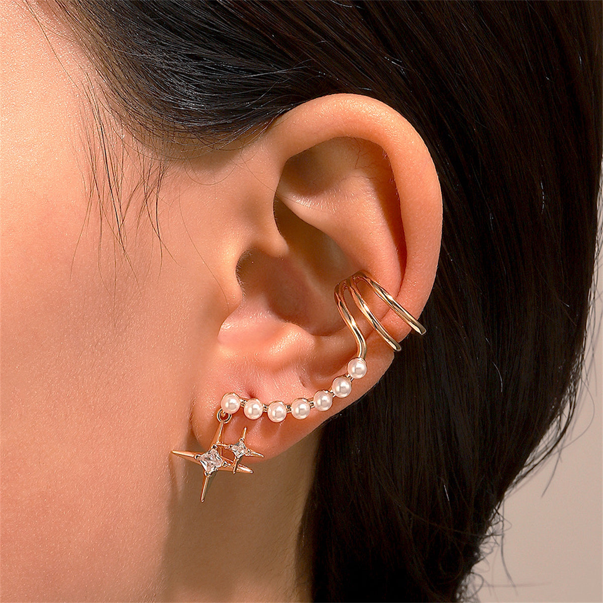 Cubic Zirconia & Pearl 18K Gold-Plated Star Ear Cuff