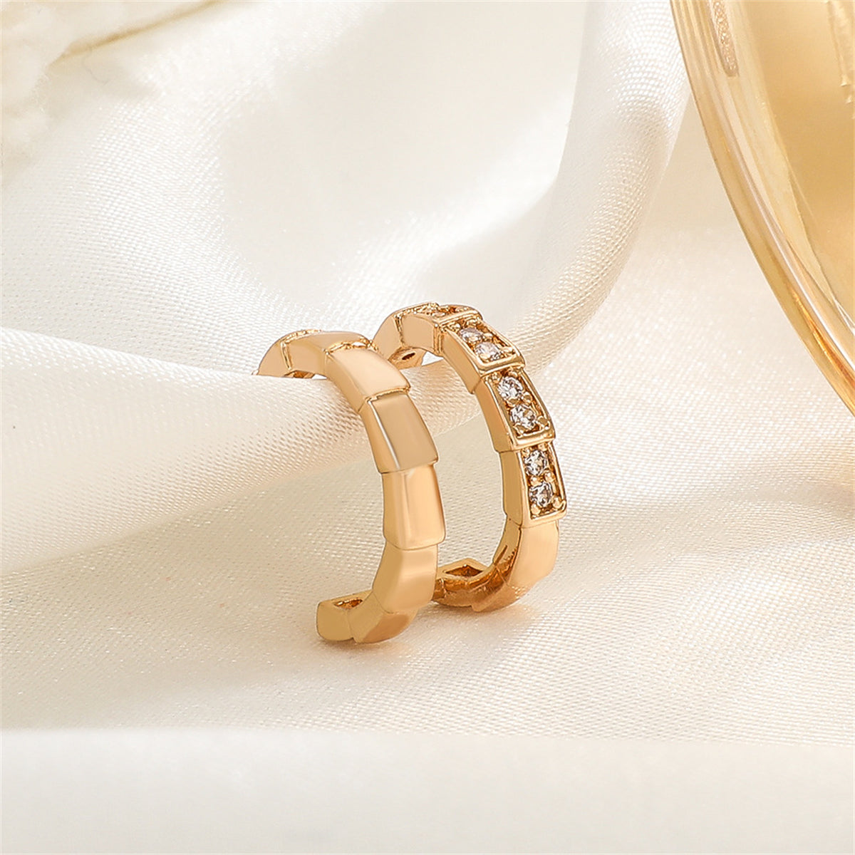 Cubic Zirconia and 18K Gold-Plated Snake Layered Ear Cuff, gold stud earrings for women, dainty minimalist design, front view