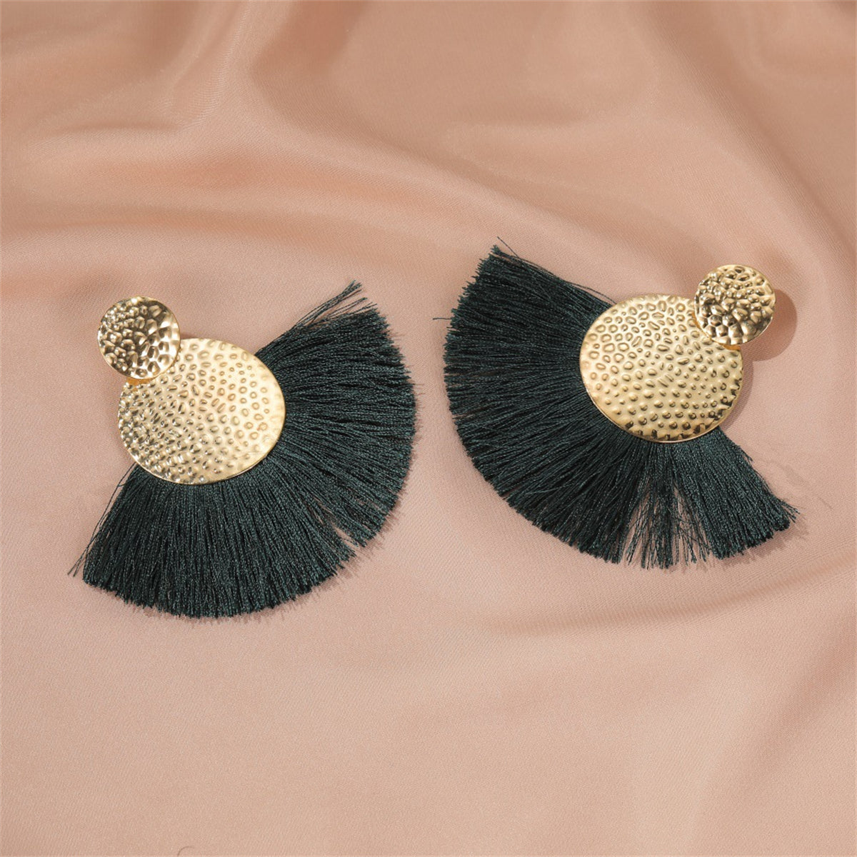 Dark Green Polyster & 18K Gold-Plated Textured Round Fan Drop Earrings