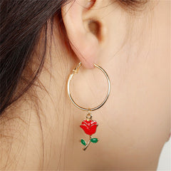 Red Enamel & 18K Gold-Plated Rose Huggie Earrings