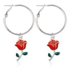 Red Enamel & Silver-Plated Rose Huggie Drop Earrings