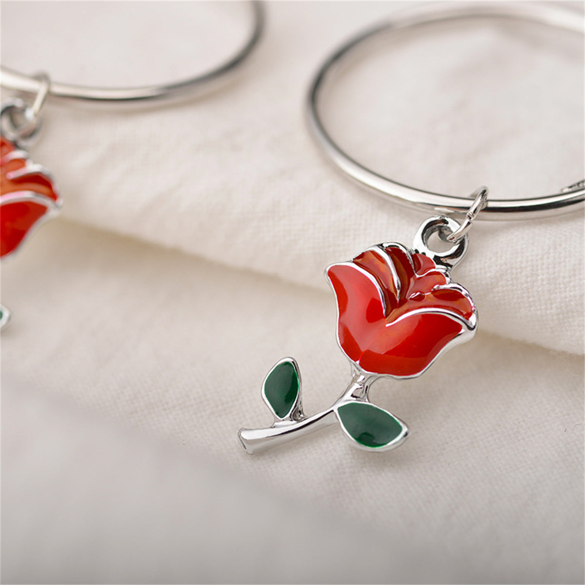 Red Enamel & Silver-Plated Rose Huggie Drop Earrings
