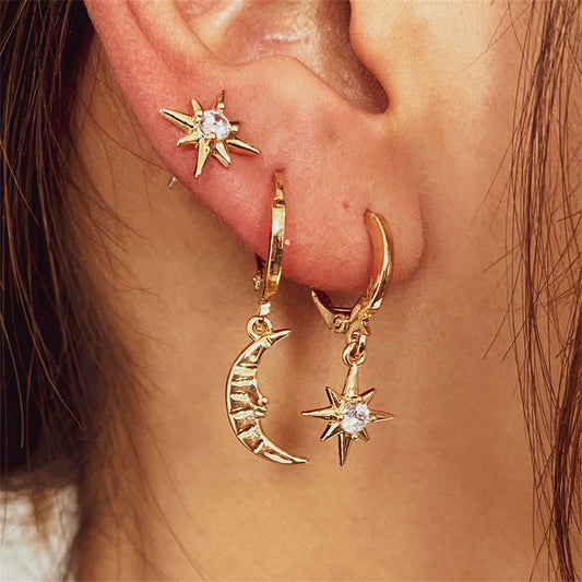 Clear Cubic Zirconia and 18K Gold-Plated Star Moon Three-Piece Huggie Earring Set, gold huggie earrings, front view