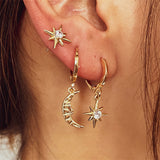 Clear Cubic Zirconia & 18k Gold-Plated Star Moon Three-Piece Huggie Earring Set