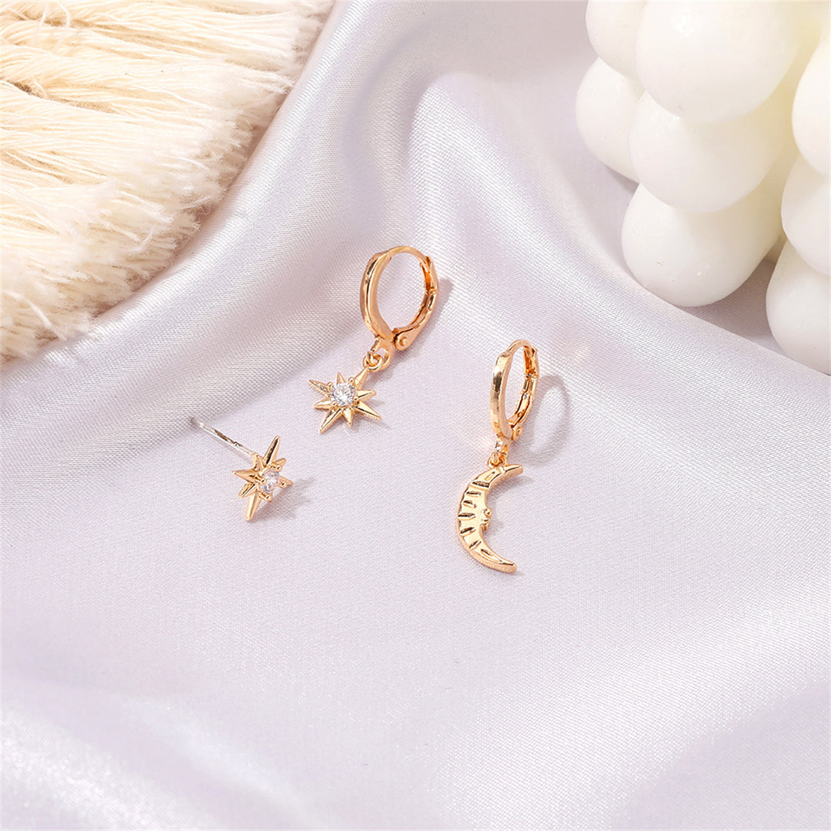 Clear Cubic Zirconia & 18K Gold-Plated Star Moon Three-Piece Huggie Earring Set