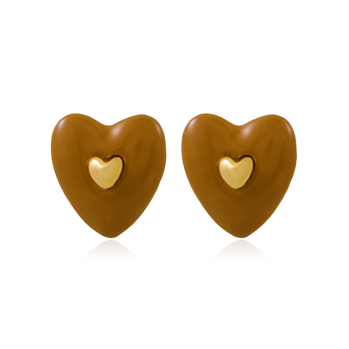 Coffee Enamel & 18K Gold-Plated Heart Stud Earrings