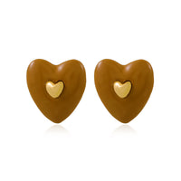 Coffee Enamel & 18k Gold-Plated Heart Stud Earrings