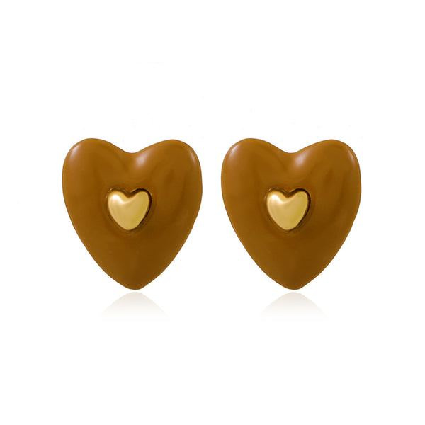 Coffee Enamel & 18k Gold-Plated Heart Stud Earrings