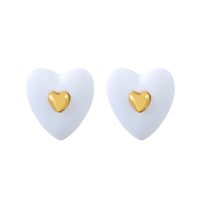 White Enamel & 18k Gold-Plated Heart Stud Earrings