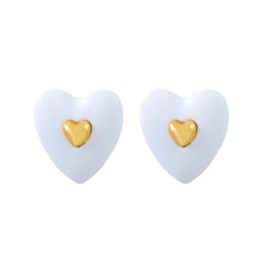 White Enamel & 18K Gold-Plated Heart Stud Earrings
