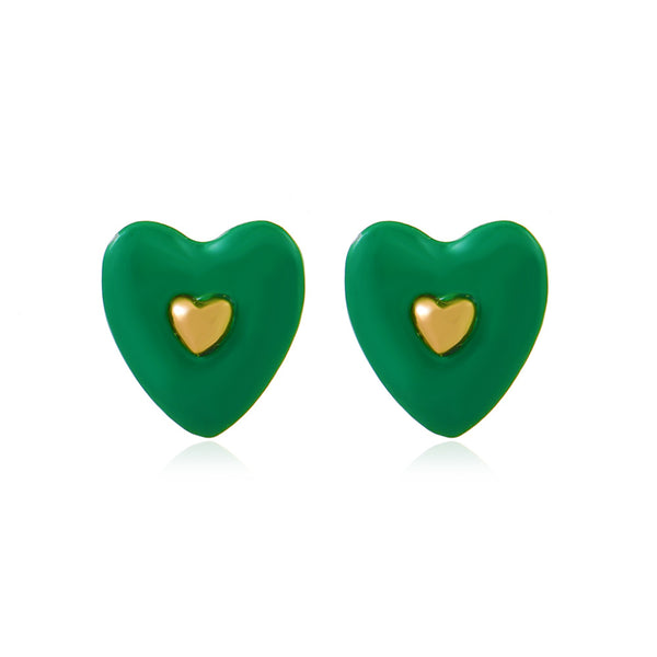 Green Enamel & 18k Gold-Plated Heart Stud Earrings