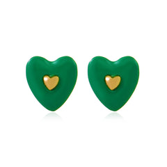 Green Enamel & 18K Gold-Plated Heart Stud Earrings