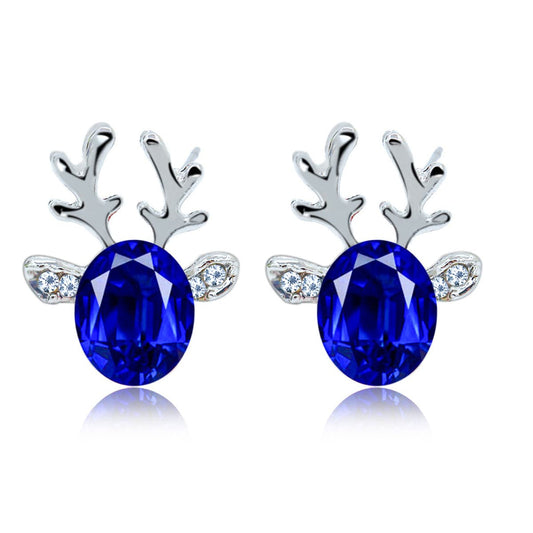 Blue Crystal and Cubic Zirconia Reindeer Oval Stud Earrings, stud earrings for women, dainty minimalist design, front view