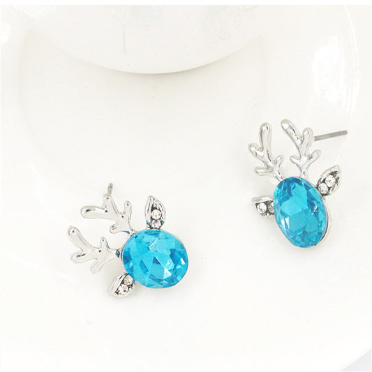 Blue Crystal and Silver-Plated Reindeer Stud Earring, silver stud earrings for women, everyday style, front view