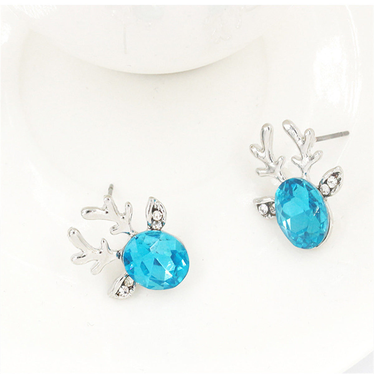 Blue Crystal & Silver-Plated Reindeer Stud Earring
