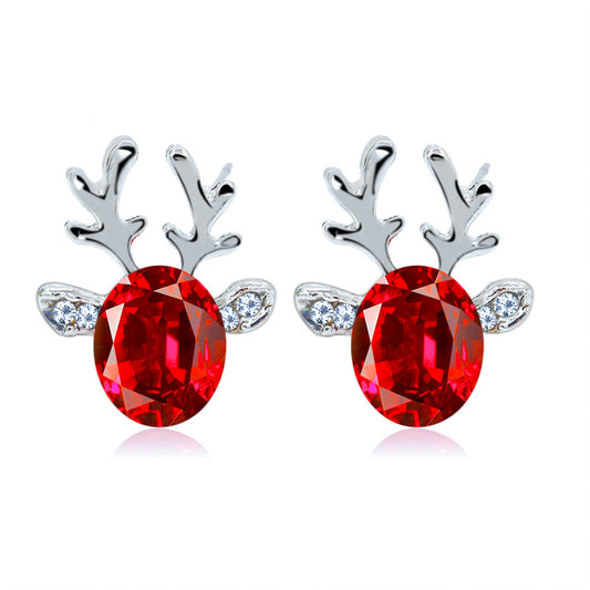 Purplish Red Crystal and Cubic Zirconia Reindeer Oval Stud Earrings, stud earrings for women, botanical inspired, front view