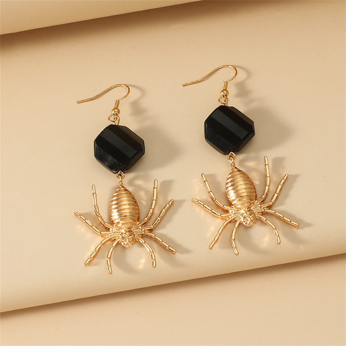 Black Acrylic and 18K Gold-Plated Spider Drop Earrings, gold drop earrings for women, elegant gift for her, front view