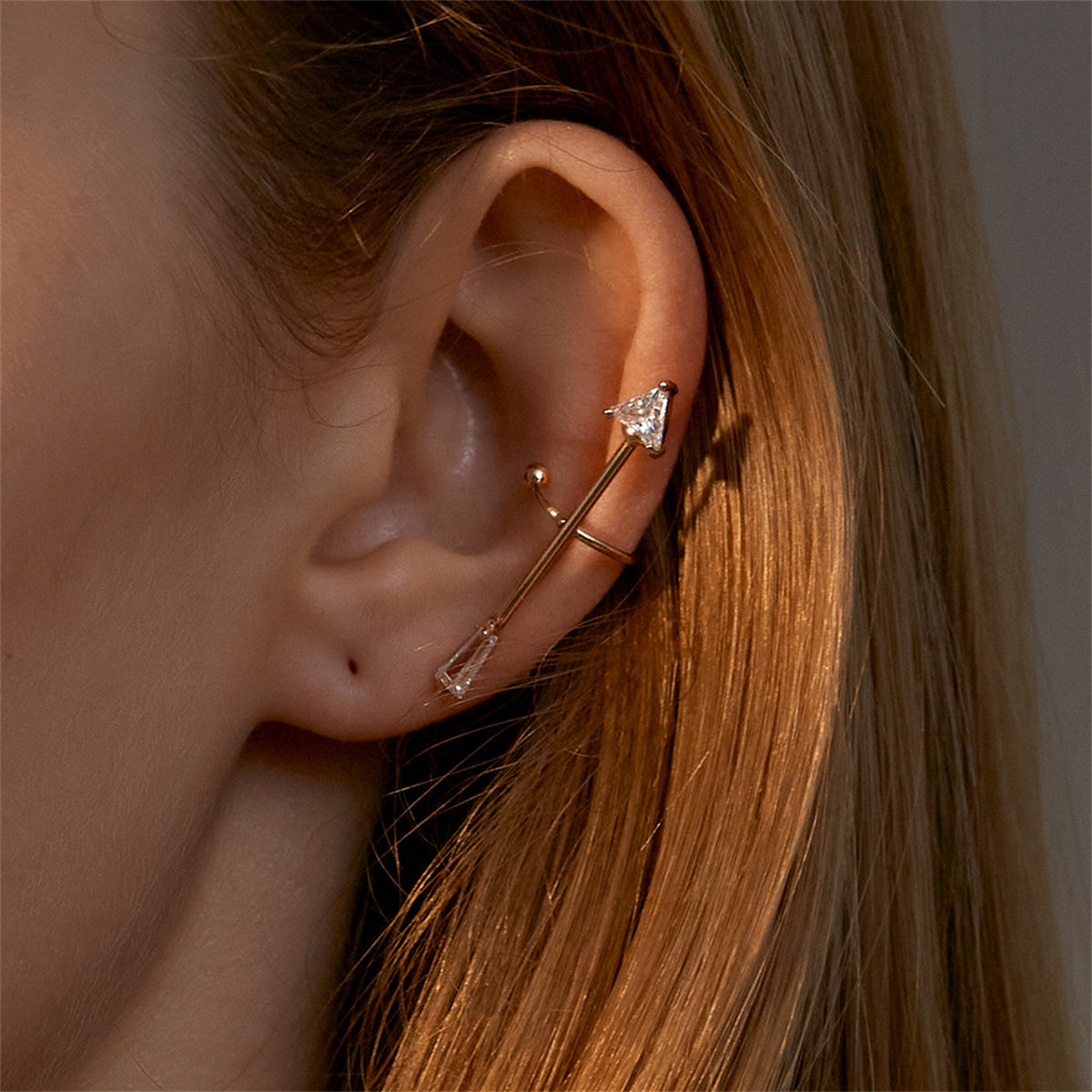 Crystal and 18K Gold-Plated Arrow Ear Cuff, gold stud earrings for women, botanical inspired, front view