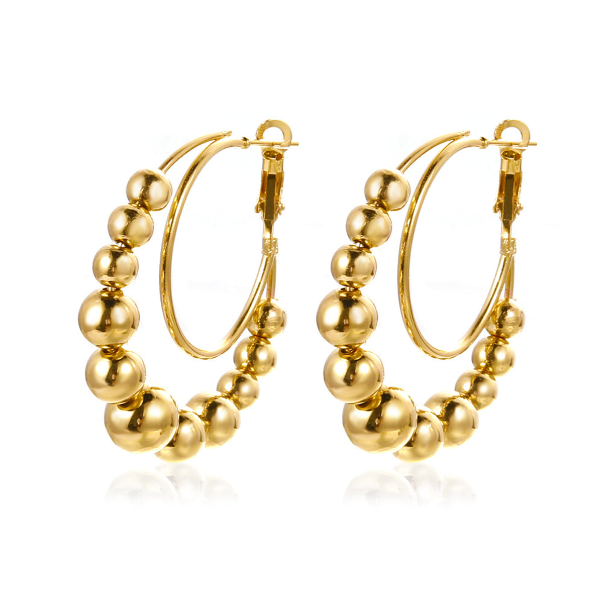 Eye-catching 18K gold-plated layered hoop earrings embellished with beads, perfect for a fashionable and trendy appearance.