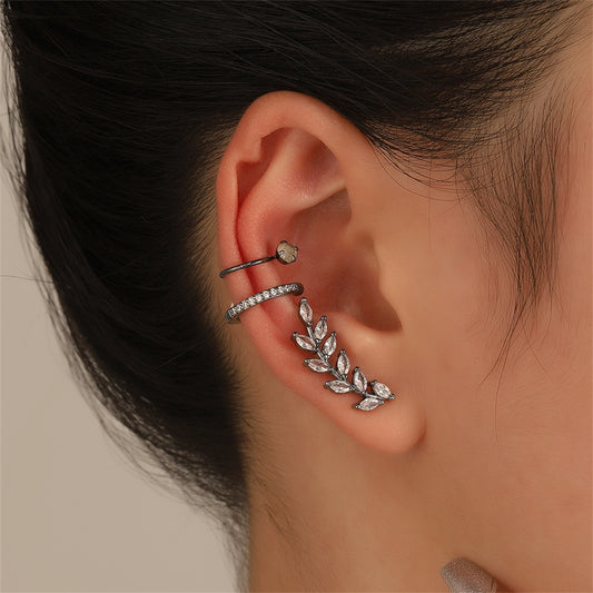 Clear Crystal and Black Branch Three-Piece Ear Climber and Ear Cuff Set, stud earrings for women, everyday style, front view