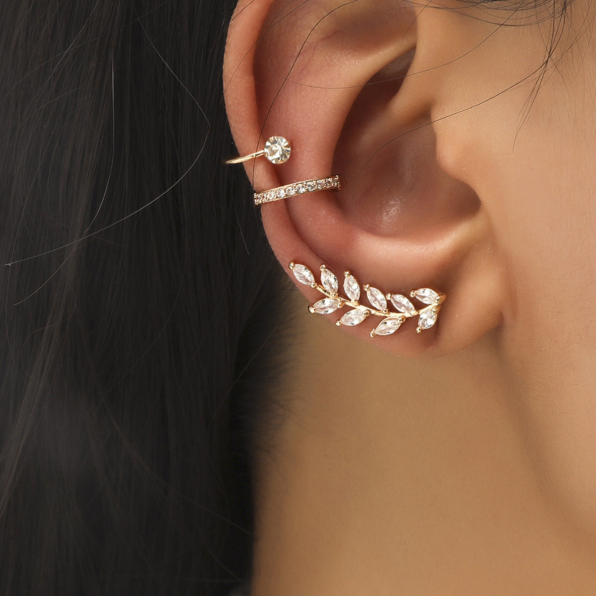 Crystal and Cubic Zirconia Branch Ear Climber and Ear Cuff Set, stud earrings for women, elegant gift for her, front view