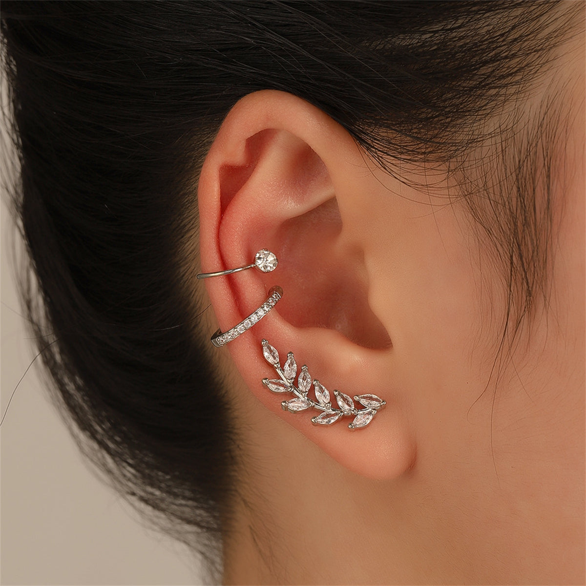 Clear Crystal and Cubic Zirconia Branch Ear Climber and Cuff Set, stud earrings for women, front view