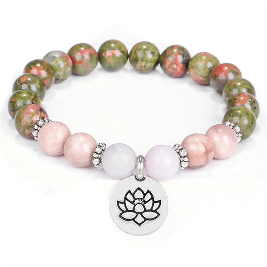 Pink Quartz and Silver-Plated Lotus Charm Beaded Stretch Bracelet, silver bracelet for women, front view