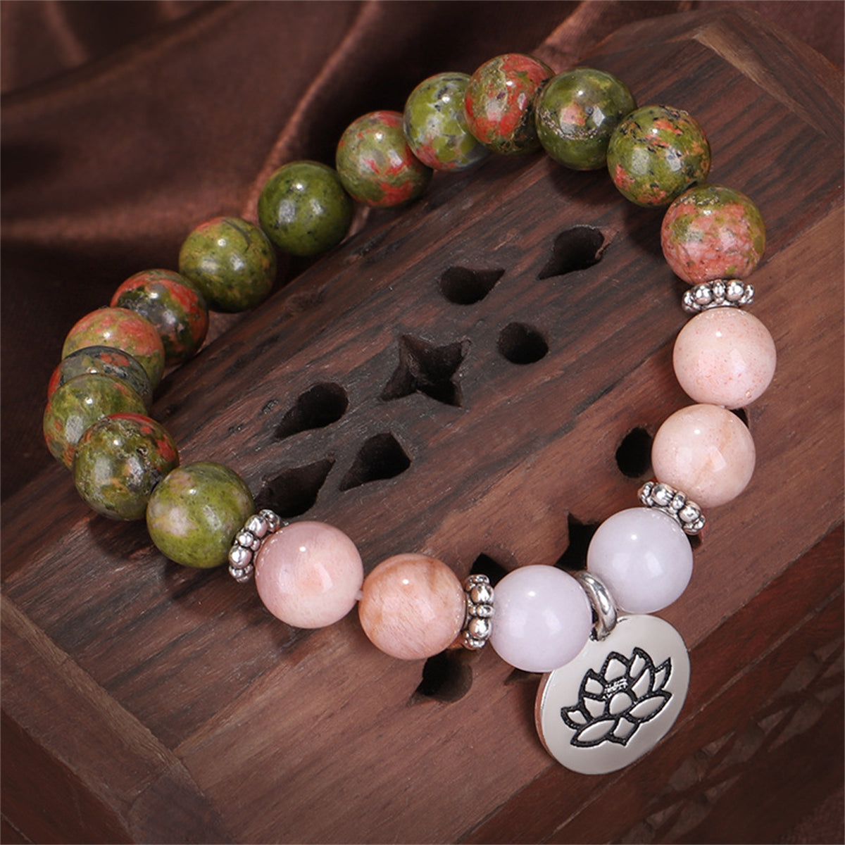 Pink Quartz and Silver-Plated Lotus Charm Beaded Stretch Bracelet, silver bracelet for women, detail close-up