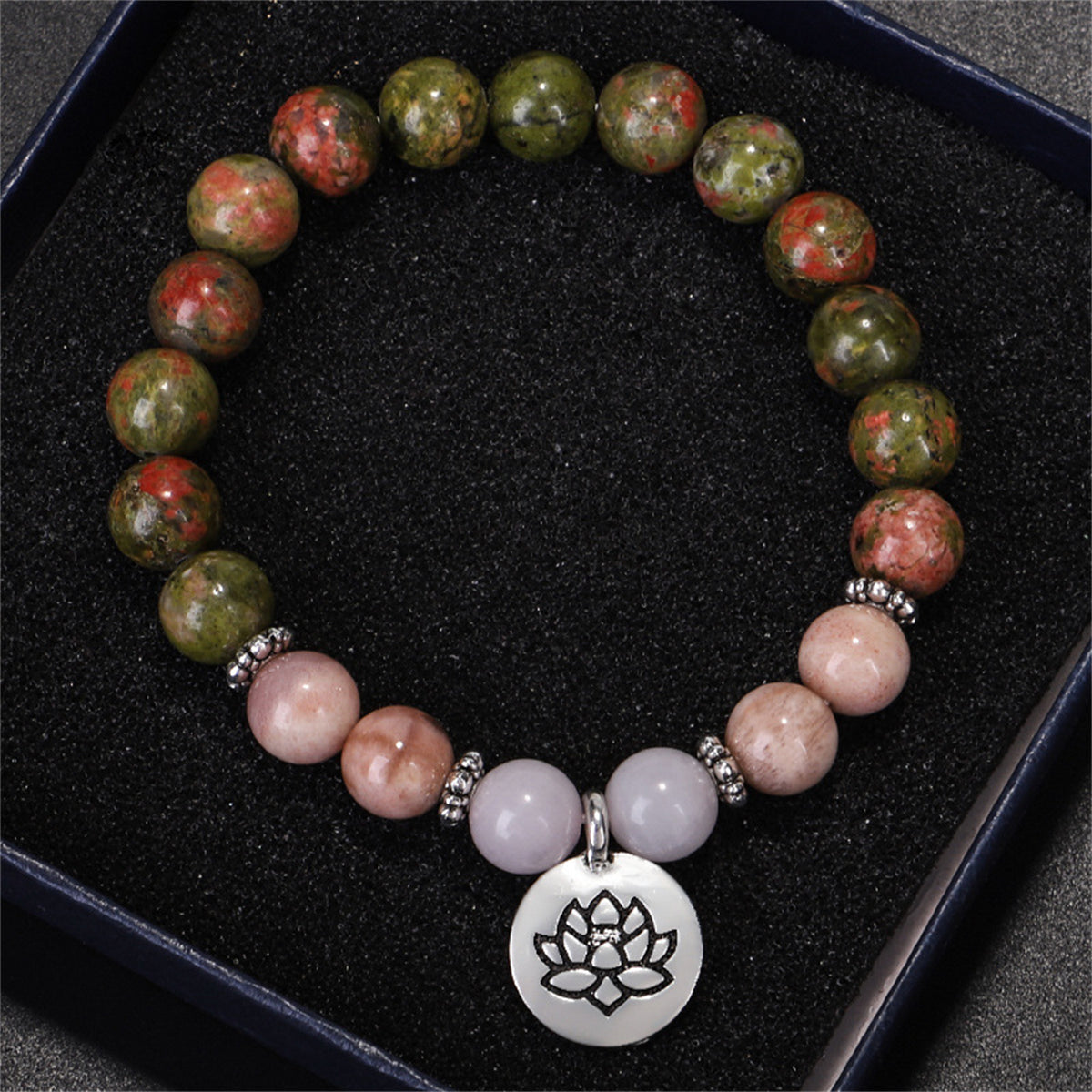 Pink Quartz and Silver-Plated Lotus Charm Beaded Stretch Bracelet, silver bracelet for women, lifestyle look